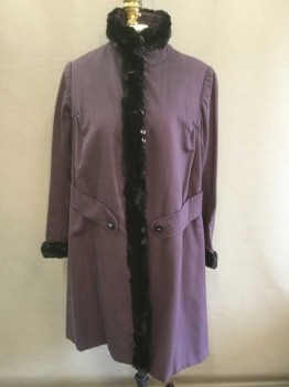 N/L, Dusty Lavender, Wool, Fur, Solid, with Black with Brown Spots Fur Stand Collar, Center Front Panel, and Cuffs, Black/Brown Glass Buttons At Center Front with Loop Closures, Piped Dart with Gathering Underneath At Armpits, Hip Length, Self Belted Waist, Vent At Center Back with Button Closures, Light Gray Lining, Girl's