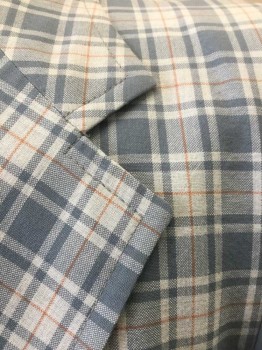 JOHNNY MILLER, Slate Blue, Lt Gray, Orange, Polyester, Cotton, Plaid-  Windowpane, Single Breasted, Notched Lapel, 2 Buttons, 3 Pockets,