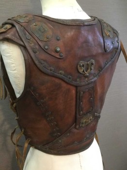 MTO, Brown, Metallic, Leather, Brown Fitted Front, with Crosshatch Studded Leather Detail and Metal Medallions On Shoulder Pieces, Lace Leather Side Ties, Shoulder Pieces Attached To Back and Tied To Front, Medallion Center Front and Center Back