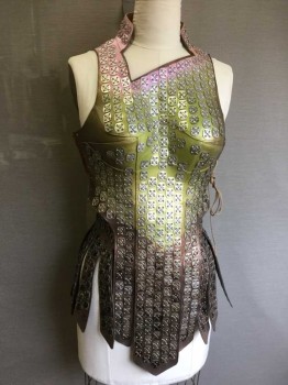 MTO, Pink, Lime Green, Silver, Leather, Metallic/Metal, Geometric, 2 PIECES. Lacing/Ties Up Back And Sides, Asymmetrical Neckline, Detachable Skirt