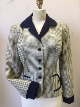 NL, Cream, Navy Blue, Wool, Viscose, Grid , Solid, Navy Grid on Cream Wool Background with Navy Collar and Lapel and Navy Trim at Novelty Front with Navy Buttons. Single Breasted, Fitted at Waist.turned Up Navy Cuffs