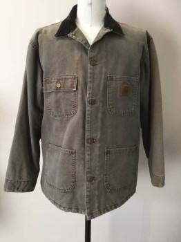 CARHARTT, Olive Green, Black, Cotton, Solid, Duck Cloth, Black Corduroy C.A., B.F., 4 Pockets, L/S, Faded Shoulders/Frayed Sleeve Hems