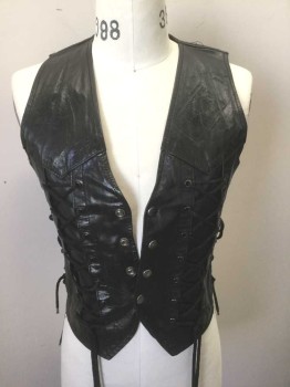 SECOND SKIN, Black, Leather, Solid, Snap Closures at Front, 2 Large Lace Up Panels with Silver Grommets at Either Side of Front, Smaller Lace Up Panels at Side Seams, Western Style Pointed Yoke Across Chest, Black Lining