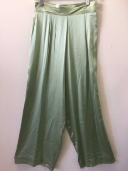 MTO, Mint Green, Silk, Solid, Full Flared Legs, Fixed Waistband with Big Button Tab, Single Pleat Front, Double Pleats Back, Pajamas, Sleepwear