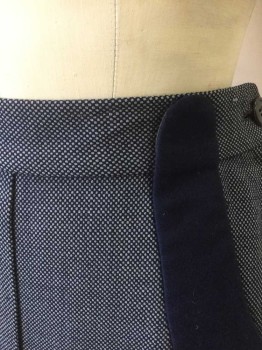 N/L, Navy Blue, Lt Blue, Wool, Birds Eye Weave, Navy/Light Blue Birdseye with Solid Navy Curved Panels at Either Side of Waist, Vertical 1/2" Wide Pleat From Center Front Waist to Hem, with Navy Embroidered Triangle Detail and Vent at Hem, Side Zipper, Hem Below Knee, Made To Order Reproduction