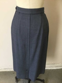N/L, Navy Blue, Lt Blue, Wool, Birds Eye Weave, Navy/Light Blue Birdseye with Solid Navy Curved Panels at Either Side of Waist, Vertical 1/2" Wide Pleat From Center Front Waist to Hem, with Navy Embroidered Triangle Detail and Vent at Hem, Side Zipper, Hem Below Knee, Made To Order Reproduction