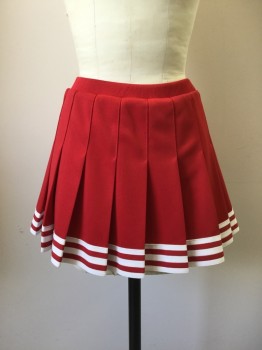 CHEERLEADING.COMPANY, Red, White, Polyester, Solid, Stripes, Cheerleading Skirt: Solid Red with Red/White Trim Hem, Pleated, Elastic Waist