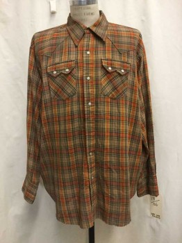 DEE CEE , Lt Brown, Dk Brown, Orange, Yellow, Synthetic, Plaid, Snap Front, Collar Attached, 2 Flap Pockets