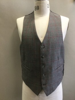 N/L, Gray, Black, Red, Wool, Plaid, V-neck, 5 Buttons, Lining Back