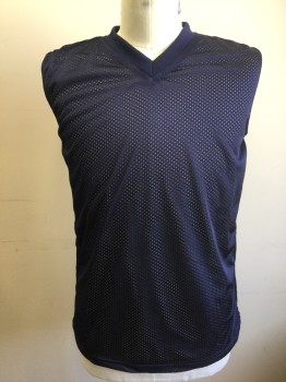 KROWN, Navy Blue, White, Polyester, Solid, Reversible Basketball Jersey, Navy Mesh with Holes Texture on One Side, White on Opposite Side, Sleeveless, Rib Knit V-neck, **Has a Double ***Barcode Located in Between Layers Near Side Hem