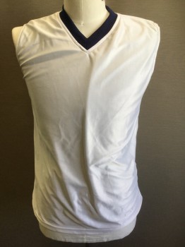 KROWN, Navy Blue, White, Polyester, Solid, Reversible Basketball Jersey, Navy Mesh with Holes Texture on One Side, White on Opposite Side, Sleeveless, Rib Knit V-neck, **Has a Double ***Barcode Located in Between Layers Near Side Hem