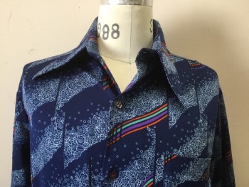 SEARS, Navy Blue, Lt Blue, Red, Green, Purple, Polyester, Novelty Pattern, Peaked Collar, Short Sleeves, Button Front, Bubbles/ Flowers/Rainbow Print