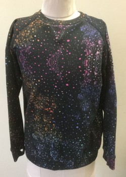 MUNSTER, Faded Black, Neon Orange, Magenta Purple, Purple, Blue, Cotton, Speckled, Abstract , Faded Black with Paint Splatter/Bleach Splatter in Neon Colors, Jersey, Long Sleeves, Raglan Sleeves, Crew Neck, Pullover