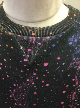 MUNSTER, Faded Black, Neon Orange, Magenta Purple, Purple, Blue, Cotton, Speckled, Abstract , Faded Black with Paint Splatter/Bleach Splatter in Neon Colors, Jersey, Long Sleeves, Raglan Sleeves, Crew Neck, Pullover