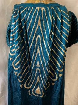 MTO, Teal Blue, Gold, Cotton, Stripes, Abstract , Cape, Snap Buttons to Attach to Collar, Large Feather Like Pattern in Gold Screen Print, Textured Silk