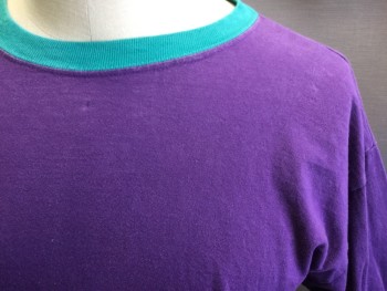 ALORE, Purple, Turquoise Blue, Cotton, Solid, Crew Neck, Purple with Turquoise Ringer & Cuffs, Short Sleeves,