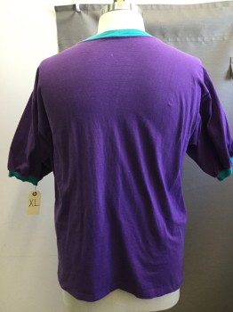 ALORE, Purple, Turquoise Blue, Cotton, Solid, Crew Neck, Purple with Turquoise Ringer & Cuffs, Short Sleeves,