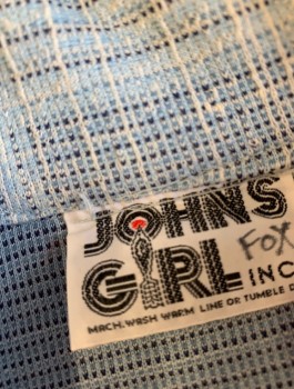 JOHN'S GIRL, Lt Blue, Navy Blue, White, Polyester, Speckled, Plaid, Double Knit Polyester, Long Sleeves, Wide Dagger Collar, Navy Buttons at Front, 2 Patch Pockets at Hips, **With Matching Self Belt,