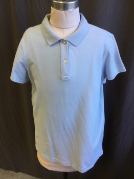LAND'S END, Baby Blue, Cotton, Solid, Boy, Ribbed Knit Collar Attached, 2 Button Front, Short Sleeves,