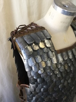 MTO, Silver, Slate Blue, Brown, Bronze Metallic, Plastic, Leather, Mottled, Molded Plastic Iridescent Scales, Square Neck, Leather Binding, Wang Lacing/Ties at Shoulders, Adjustable Leather Straps and Metal Studs Sides, Split Skirt Front, Back and Sides, MULTIPLES