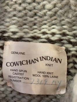 COWICHAN INDIAN, Taupe, Cream, Brown, Wool, Native American/Southwestern , Stripes - Horizontal , Thick, Scratchy Hand Knit, Pullover, Shawl Collar,