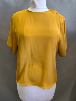 PETERS & ASHLEY, Goldenrod Yellow, Polyester, Solid, S/S, Pullover, Jewel Neckline, Fabric Covered Buttons on Left Shoulder