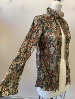 N/L, Brown, Beige, Rust Orange, Forest Green, Synthetic, Floral, Top/Cardigan, Sheer/Open Knit, Crinkled/Chemically Pleated Texture, Long Flared Gothic Sleeves, Ruffled Stand Collar, Open Front with 1 Hook/Eye at Neck,