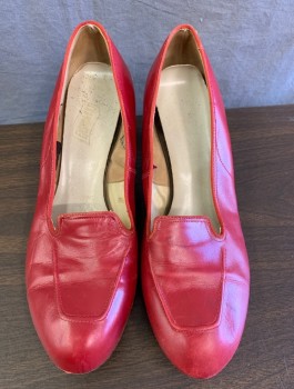 N/L, Red, Leather, Pumps, Loafer-Like Indentation at Toe, 2.5" Heel, in Good Condition, Minor Scuffing at Back Ankle