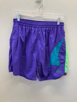 TRACK FAT, Purple, Nylon, Color Blocking, Crinkle Texture, Elastic Waist, Drawstring, 2 Pckts, Teal And Dayglo Green Inserts At Left Hip, "Newport Blue" Logo In Green, Nylon Underpant