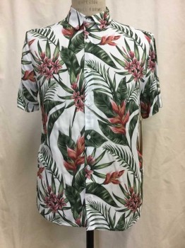 TOPMAN, White, Green, Pink, Purple, Brown, Viscose, Tropical , Floral, Button Front, Collar Attached, Short Sleeves,
