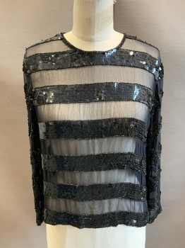 NL, Black, Synthetic, Stripes, Solid, 3/4 Sleeves, Button Back Closure, CN, Sequin Stripes On Georgette, Beaded Trim