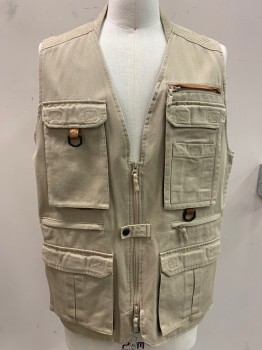ORVIS, Khaki Brown, Cotton, Nylon, Solid, V-N, Zip Front, Back Vents, Snap Tabs Side Waist Stitched Yokes, Lots Of Pockets, Leather Details