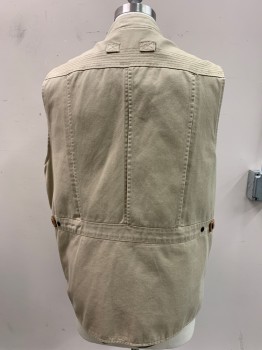 ORVIS, Khaki Brown, Cotton, Nylon, Solid, V-N, Zip Front, Back Vents, Snap Tabs Side Waist Stitched Yokes, Lots Of Pockets, Leather Details
