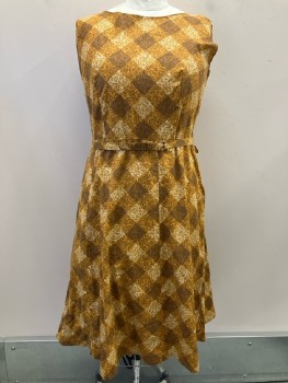 N/L, Dress, Gold/ Multi-color, Gingham, Boat Neck, Sleeveless, Side Zip, With Matching Belt