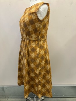 N/L, Dress, Gold/ Multi-color, Gingham, Boat Neck, Sleeveless, Side Zip, With Matching Belt