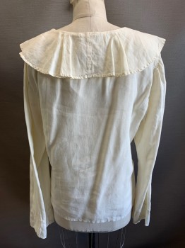RUSS BERENS, Off White, Linen, Solid, Flounce Neckline, Button and Eyelet Closure, Wide Sleeves