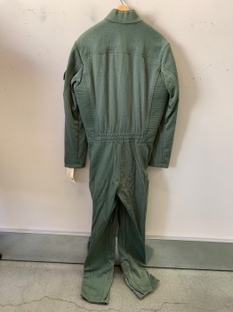 N/L, Olive Green, Synthetic, Solid, Bumpy Textured, Long Sleeves, Full Legs, Stand Collar, Zip Front, Various Ribbed Panels, and Pockets/Compartments, Elastic Panel At Center Back Waist, Made To Order