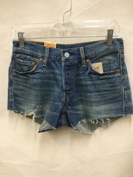 LEVI'S, Blue, Cotton, Solid, SHORTS;  Blue Denim, Creased Front, Frayed Hem, See Photo Attached,