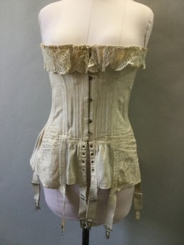 LA TERRILLE, Cream, White, Herringbone, Long:  Cream Herringbone with Large Lace Trim Top, Busk Hook Front with Lace Up at Bottom, White Lacing Back, Garter Straps, Large Hip Measurement