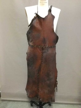 Chestnut Brown, Leather, Patchwork, Bib Apron, Aged/Distressed,  Blacksmith, Serf, Villager. Whip Stitched And Rivetted, Tie Back