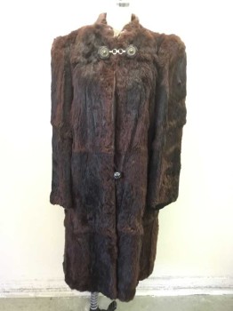 N/L, Dk Brown, Fur, Silk, Solid, Fur Coat, Dark Brown Beaver Fur, Padded Shoulders, Gold and Black Oversized Button Toggle Closures at Center Front Neck, 1 Oversize Marbled Stone Button with Loop Closure at Center Front Waist, Black Silk Satin Lining, *Wear at Center Front Neck, Cuffs, Mildred Pierce
