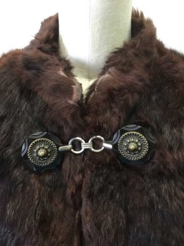 N/L, Dk Brown, Fur, Silk, Solid, Fur Coat, Dark Brown Beaver Fur, Padded Shoulders, Gold and Black Oversized Button Toggle Closures at Center Front Neck, 1 Oversize Marbled Stone Button with Loop Closure at Center Front Waist, Black Silk Satin Lining, *Wear at Center Front Neck, Cuffs, Mildred Pierce