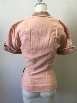 N/L, Lt Pink, Lt Brown, White, Cherry Red, Cotton, Floral, Light Pink with Brown, White, Cherry Sparse Floral Pattern, Short Sleeves, Solid Light Crown Rounded Collar, Folded Up Cuffs, and Pockets at Hips, Light Pink Scallopped Trim at Neck, Cuffs and Pockets, 4 Self Covered Buttons, Peplum Waist, Made To Order Reproduction **Has Some Black Stains at Center Back Neck on Collar