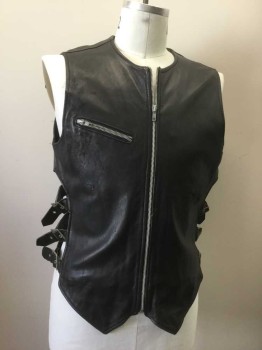 BOY LONDON, Black, Leather, Solid, Silver Metal Zip at Center Front, 1 Zip Pocket at Chest, Open Panels at Sides with 3 Straps with Metal Buckles