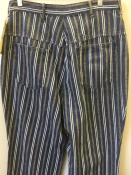 N/L, Denim Blue, White, Mustard Yellow, Cotton, Stripes - Vertical , Flat Front, 4 Pockets, Zip Front, Belt Loops, Twill, Printed Patterned Stripes