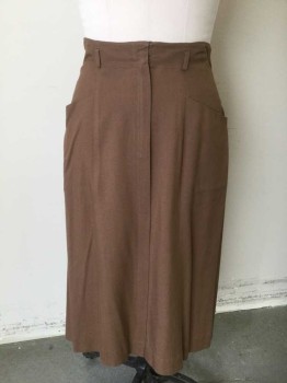 FRELICH'S, Brown, Cotton, Solid, Vertical Pleat From Center Front to Hem, Hiding Zip Closure Underneath, Tiny Belt Loops at Waist, 2 Low Slung Pockets at Side Hips, Straight Fit, Hem Mid-calf,