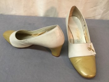 NATURALIZER, Ecru, Gold, Faux Leather, Color Blocking, Medium Heel, Gold Covered Heel and Toe Cap, Gold Ribbon Decoration,