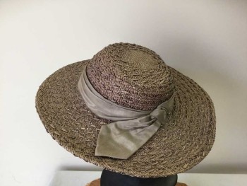 N/L, Taupe, Straw, Silk, Straw Flat Brim Hat with Taupe Silk Twisted Band with Bow Back