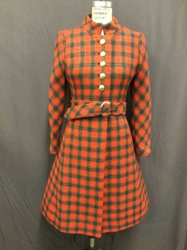 I. MAGNIN, Red, Green, Navy Blue, Wool, Plaid, Long Sleeves, Matte Gold Buttons, Button Front, Self Belt, Gold Buckle, Stand Up Collar, Pockets, Red/green/navy Diamond Plaid Lining