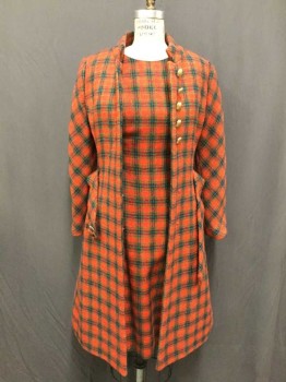 I. MAGNIN, Red, Green, Navy Blue, Wool, Plaid, Long Sleeves, Matte Gold Buttons, Button Front, Self Belt, Gold Buckle, Stand Up Collar, Pockets, Red/green/navy Diamond Plaid Lining